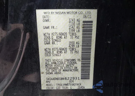 2011 Nissan Armada Platinum from USA, damaged, VIN 5N1AA0ND1BN622931